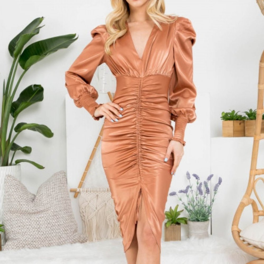 TAN SATIN BODYCON RUCHED LONG SLEEVED DRESS